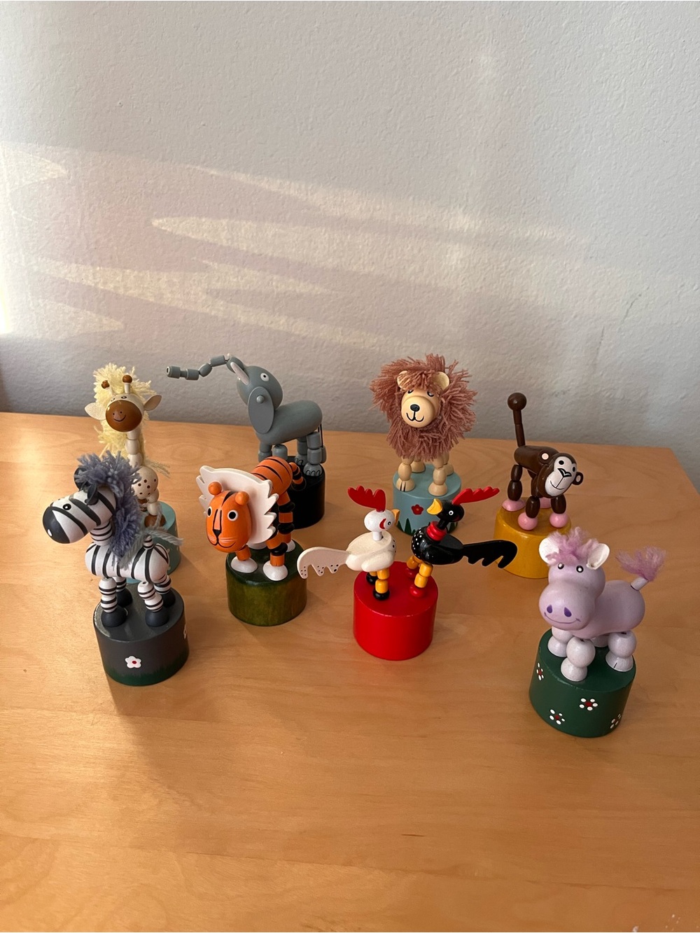 Vintage Wooden Push Button Puppet Toys - Lot of 9 Collapsible Animals